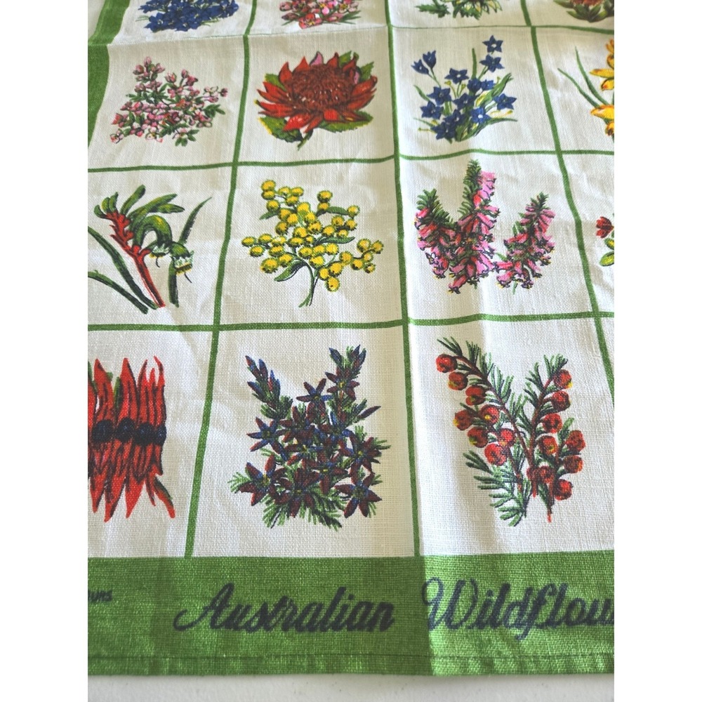 Vintage Neil Australian‎ Wildflowers Pure Linen Tea Towel Green Floral 18x30